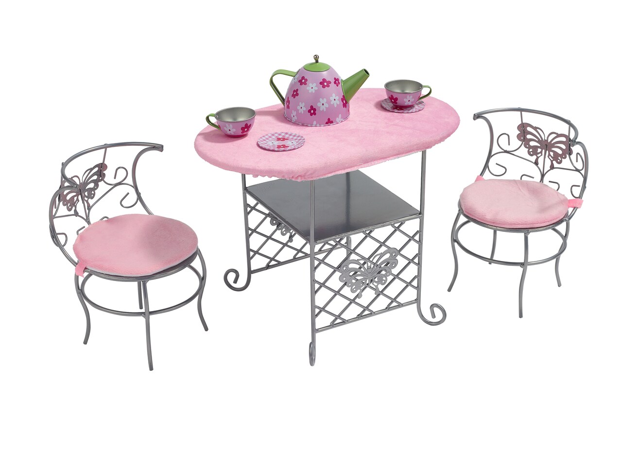 Badger Basket Tea Time Metal Doll Table and Chair Set with Accessories - Silver/Pink/Multi